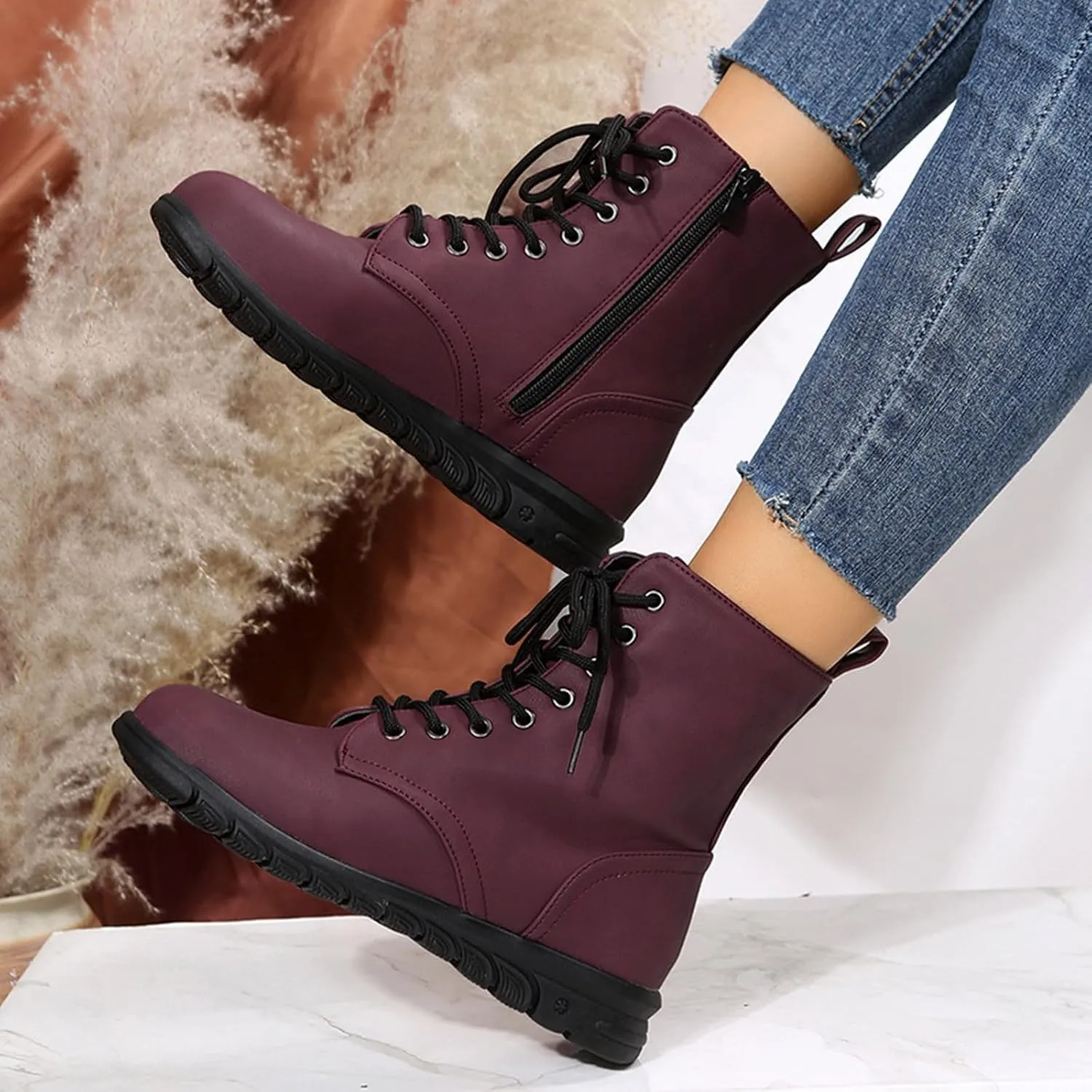 Lace-up Combat Boots Ankle Booties for Women Trendy Mid Calf Low Heel Western Platform Hiking Booties Outdoor Shoes