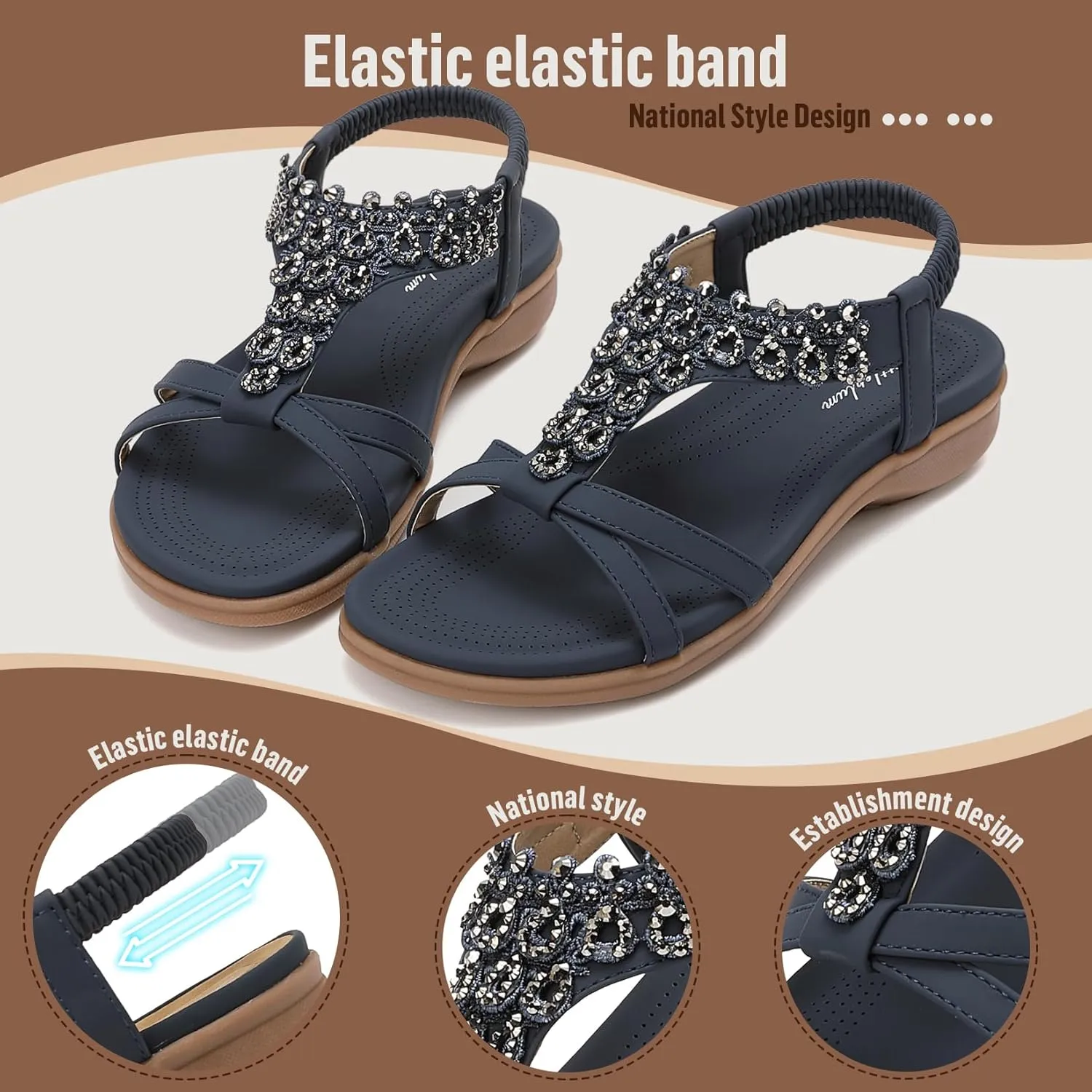 Littleplum Womens Sandals Arch Support Slingback Rhinestone Dressy Sandals Comfort Summer Shoes Ankle Strap Elastic Flats for Beach Walking