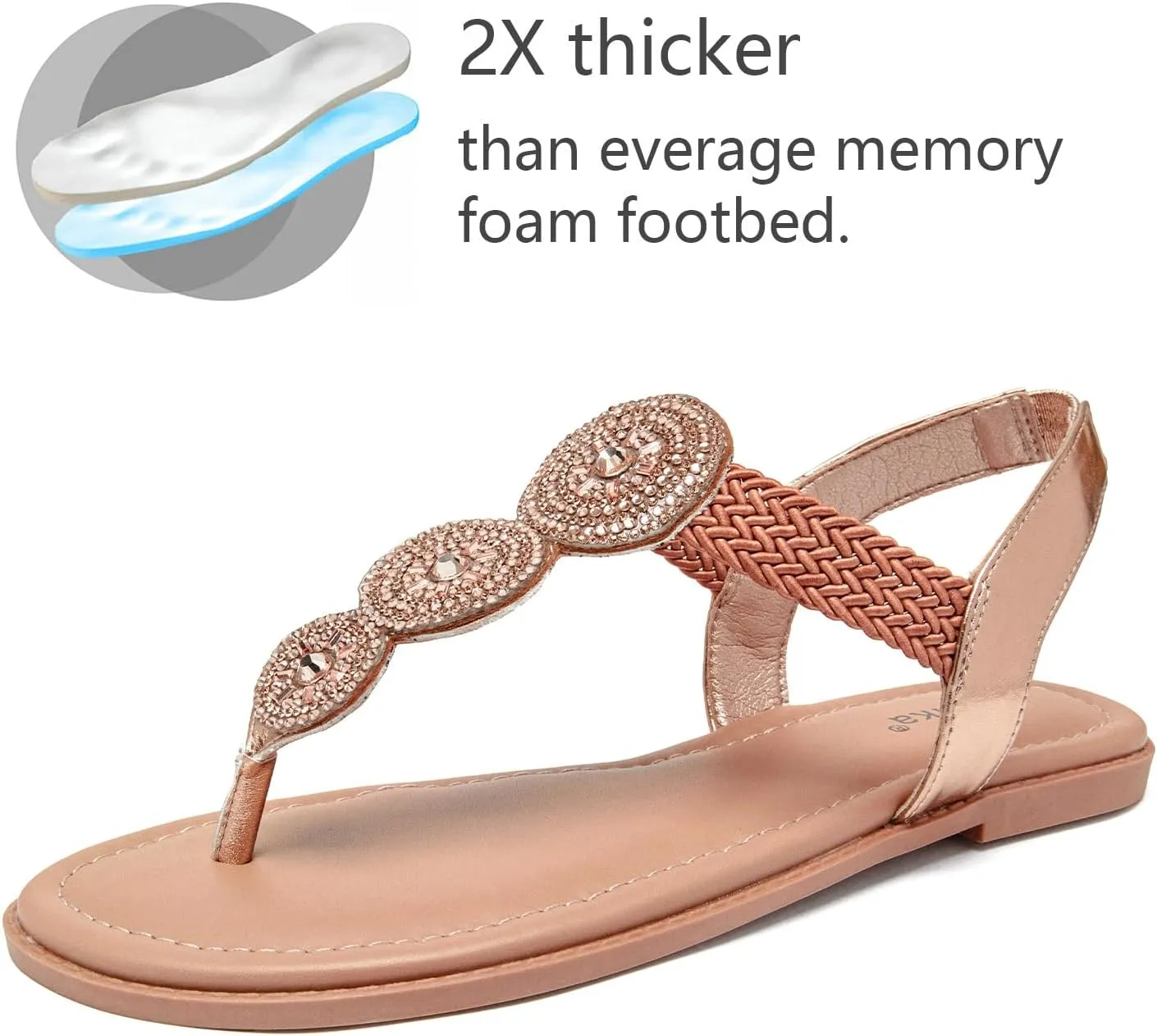 Luoika Women's Wide Width Flat Sandals, Flip Flop Thong Sandals Strappy Rhinestone Comfortable Summer Beach Shoes for Women.