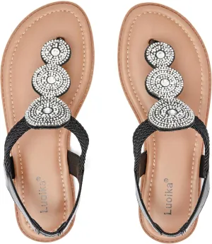 Luoika Women's Wide Width Flat Sandals, Flip Flop Thong Sandals Strappy Rhinestone Comfortable Summer Beach Shoes for Women.