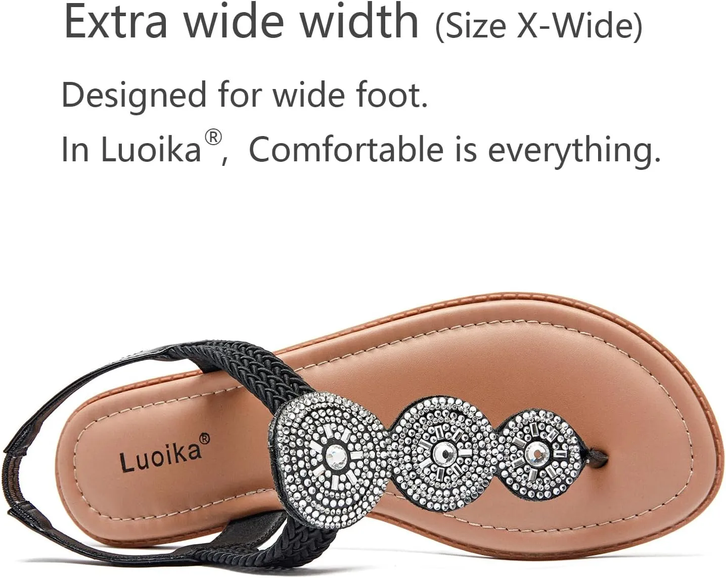 Luoika Women's Wide Width Flat Sandals, Flip Flop Thong Sandals Strappy Rhinestone Comfortable Summer Beach Shoes for Women.