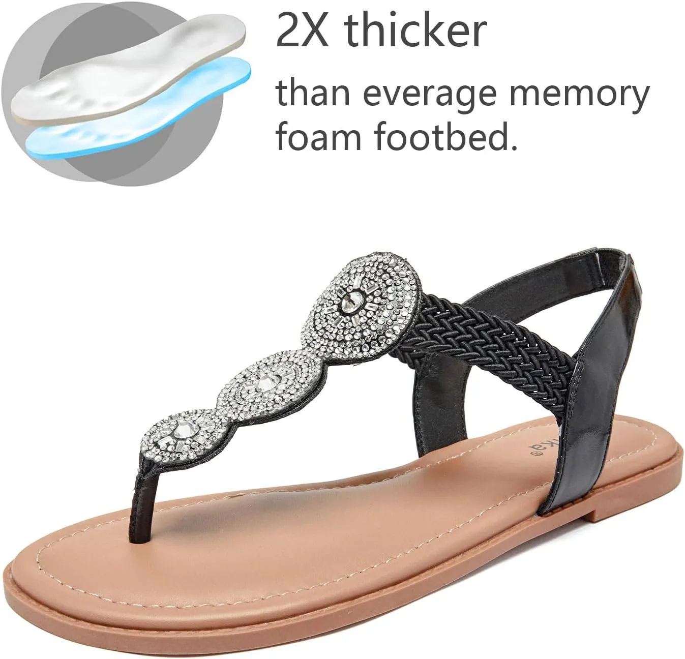 Luoika Women's Wide Width Flat Sandals, Flip Flop Thong Sandals Strappy Rhinestone Comfortable Summer Beach Shoes for Women.