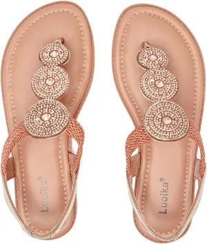 Luoika Women's Wide Width Flat Sandals, Flip Flop Thong Sandals Strappy Rhinestone Comfortable Summer Beach Shoes for Women.