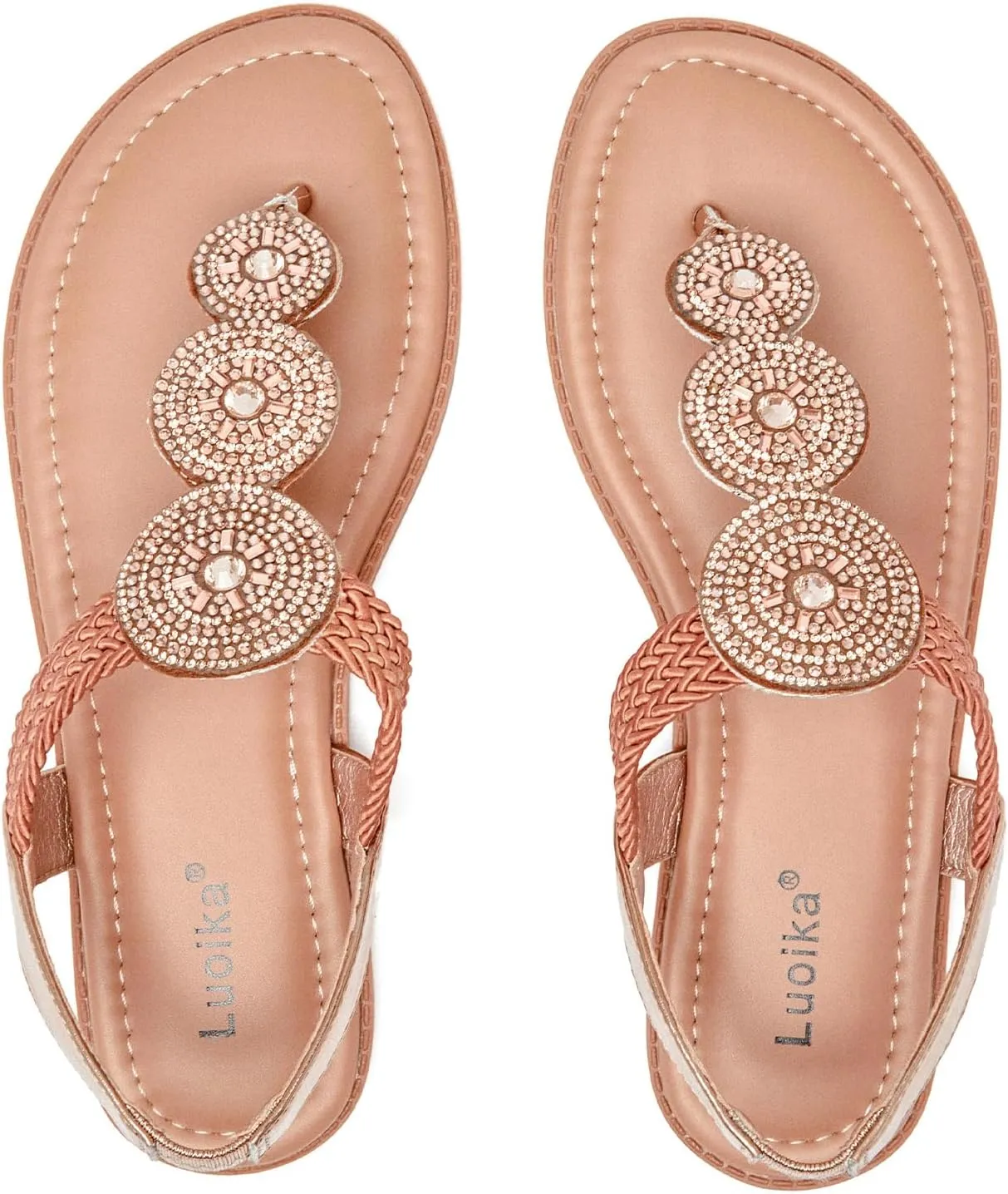 Luoika Women's Wide Width Flat Sandals, Flip Flop Thong Sandals Strappy Rhinestone Comfortable Summer Beach Shoes for Women.