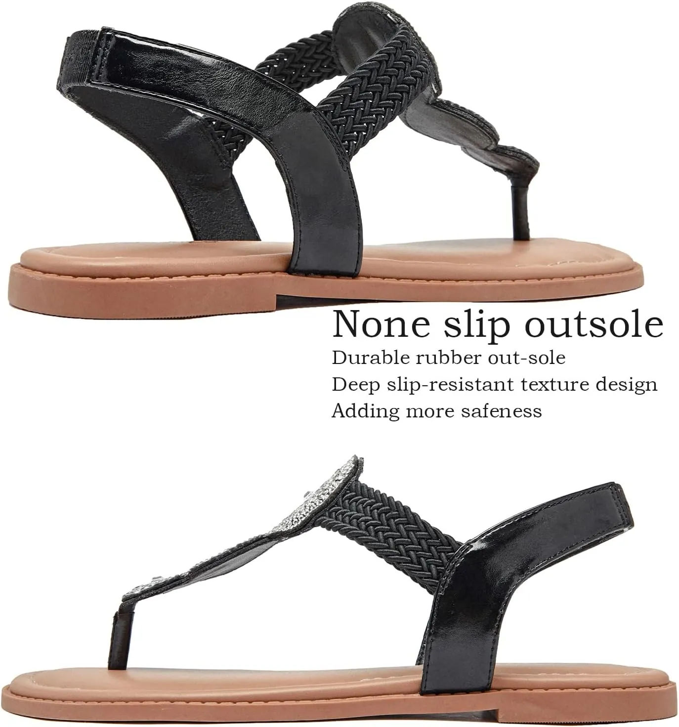 Luoika Women's Wide Width Flat Sandals, Flip Flop Thong Sandals Strappy Rhinestone Comfortable Summer Beach Shoes for Women.