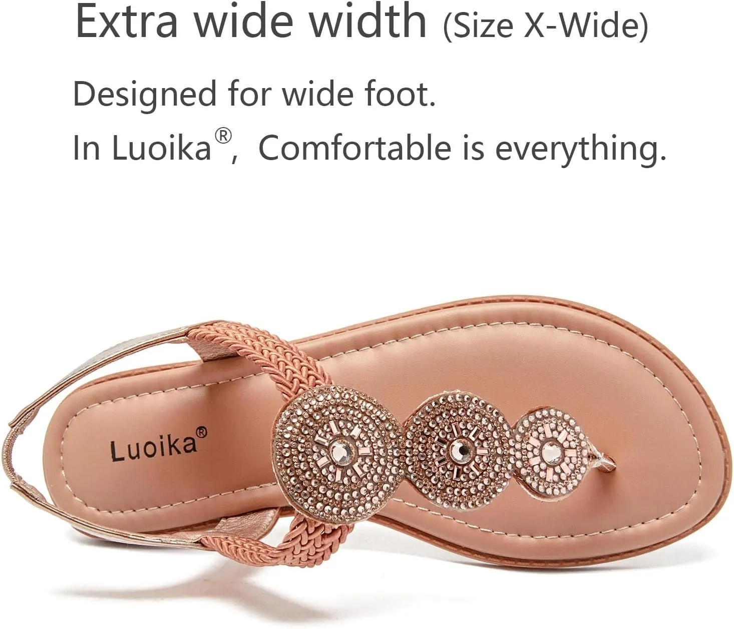Luoika Women's Wide Width Flat Sandals, Flip Flop Thong Sandals Strappy Rhinestone Comfortable Summer Beach Shoes for Women.