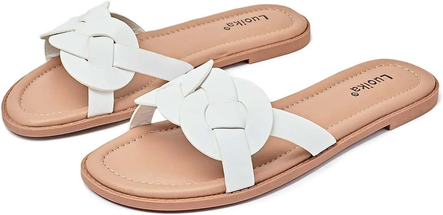 Luoika Women's Wide Width Flat Slides Sandals, Casual Comfortable Summer Beach Shoes Slip on Slide Sandal for Women.
