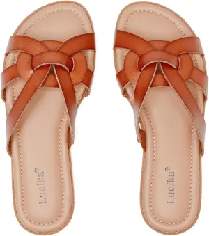 Luoika Women's Wide Width Flat Slides Sandals, Slip on Slide Sandal Casual Comfortable Summer Beach Shoes for Women.