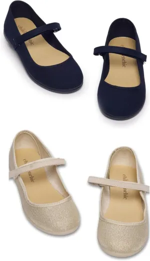 Mary Jane Shoes for Girls – Classic & Comfortable Dress Shoes for Toddlers & Kids – Perfect Flats for School, Play, and Special Occasions – Navy Blue & Shimmer Gold Size 4 Toddler
