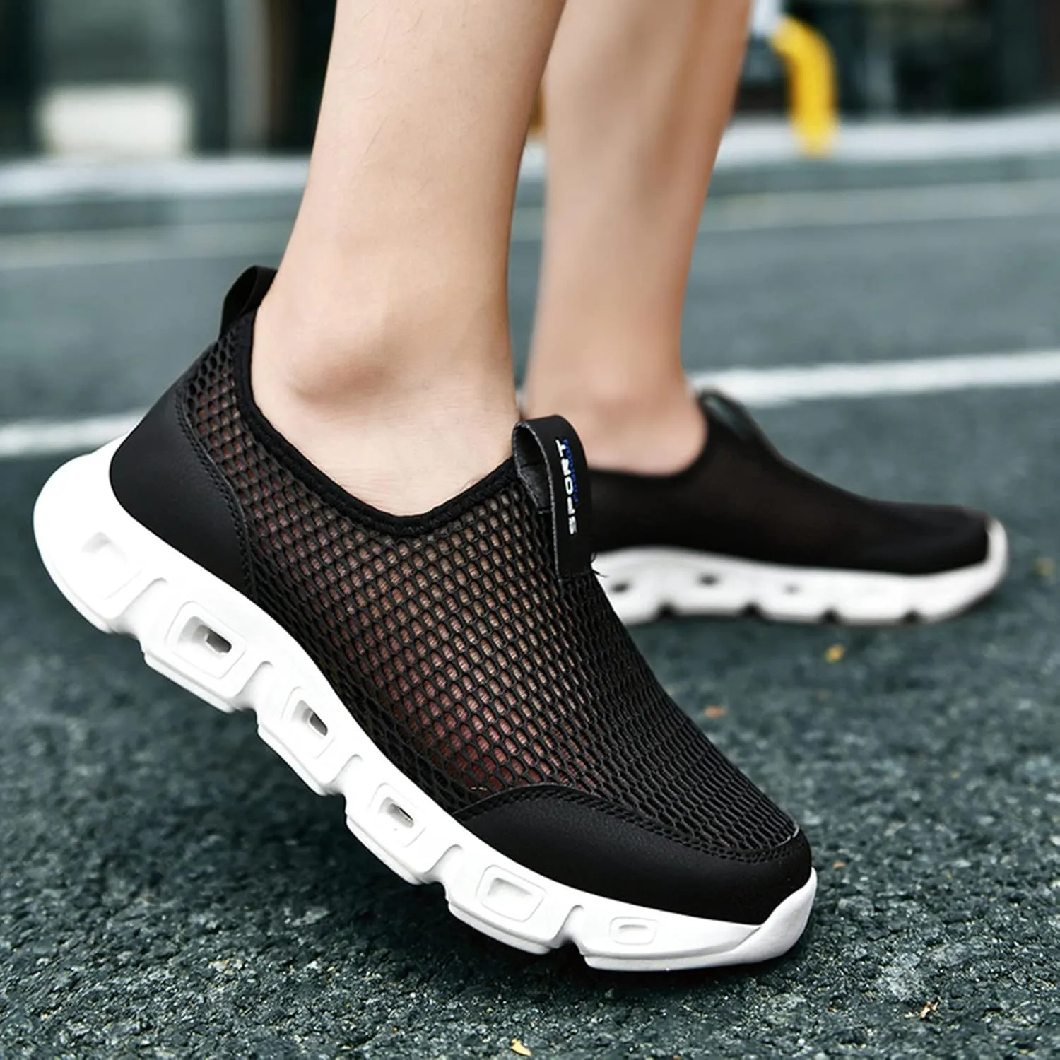 Men's Breathable Mesh Sports Shoes Convenient Slip On Hollow Sneakers Comfortable Walking Shoe Soft Elderly Shoes