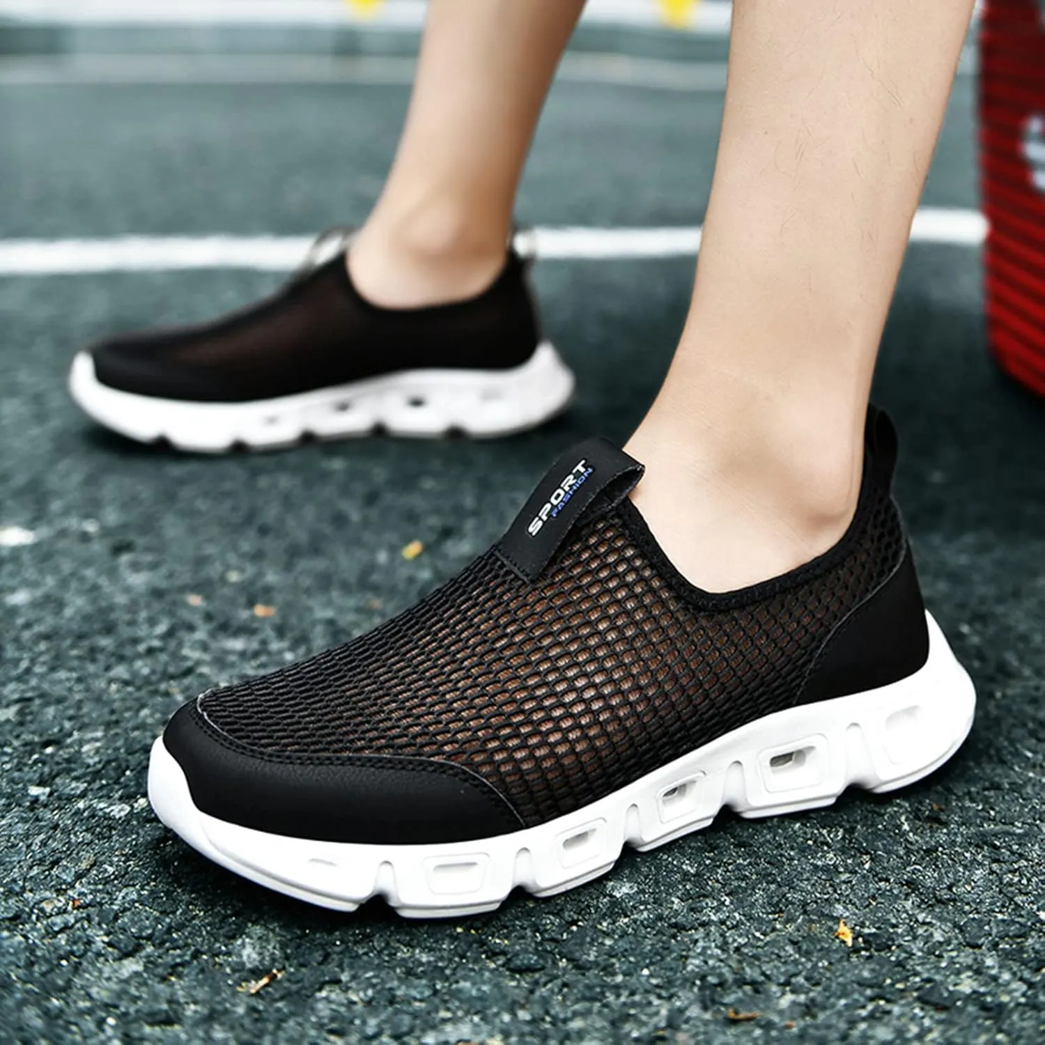 Men's Breathable Mesh Sports Shoes Convenient Slip On Hollow Sneakers Comfortable Walking Shoe Soft Elderly Shoes
