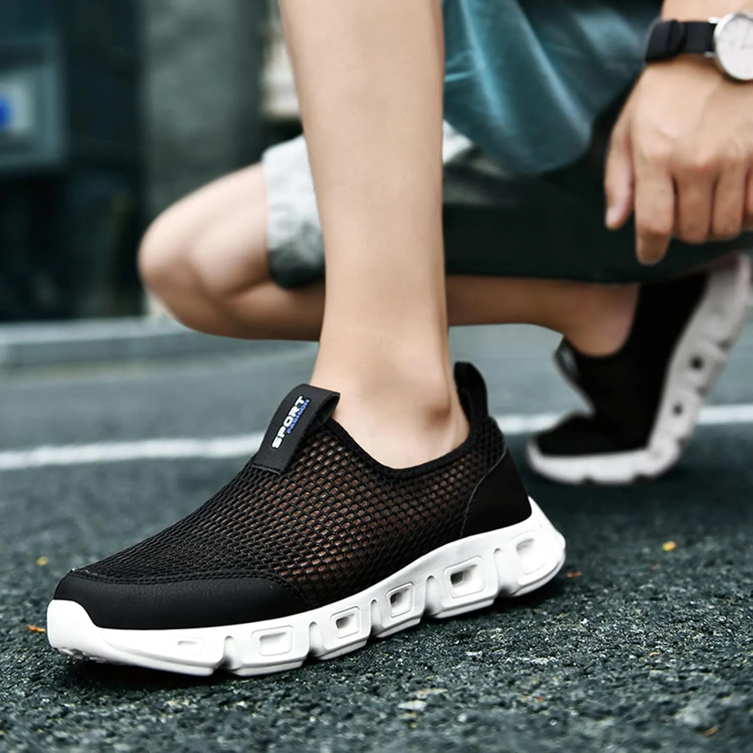 Men's Breathable Mesh Sports Shoes Convenient Slip On Hollow Sneakers Comfortable Walking Shoe Soft Elderly Shoes