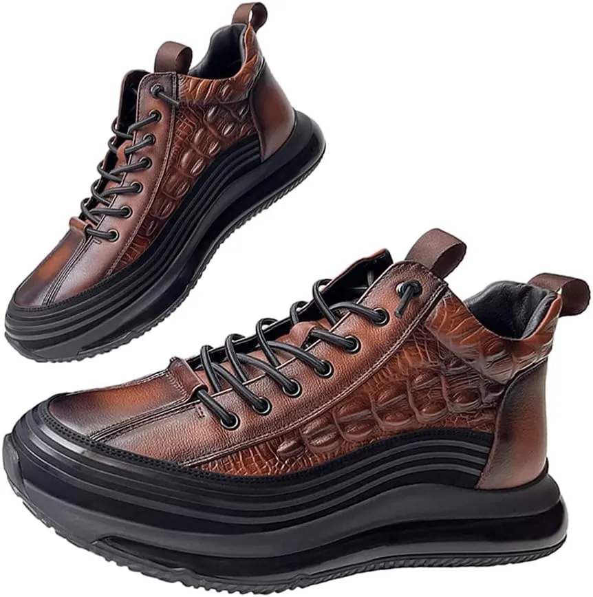Men's Cowhide Animal Print Sneakers Air Cushion Elastic High-Top Soft Leather Height Lifting Non-Slip Lace Up Casual Shoes