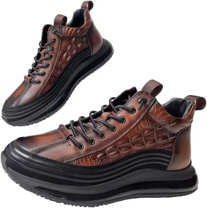 Men's Cowhide Animal Print Sneakers Air Cushion Elastic High-Top Soft Leather Height Lifting Non-Slip Lace Up Casual Shoes