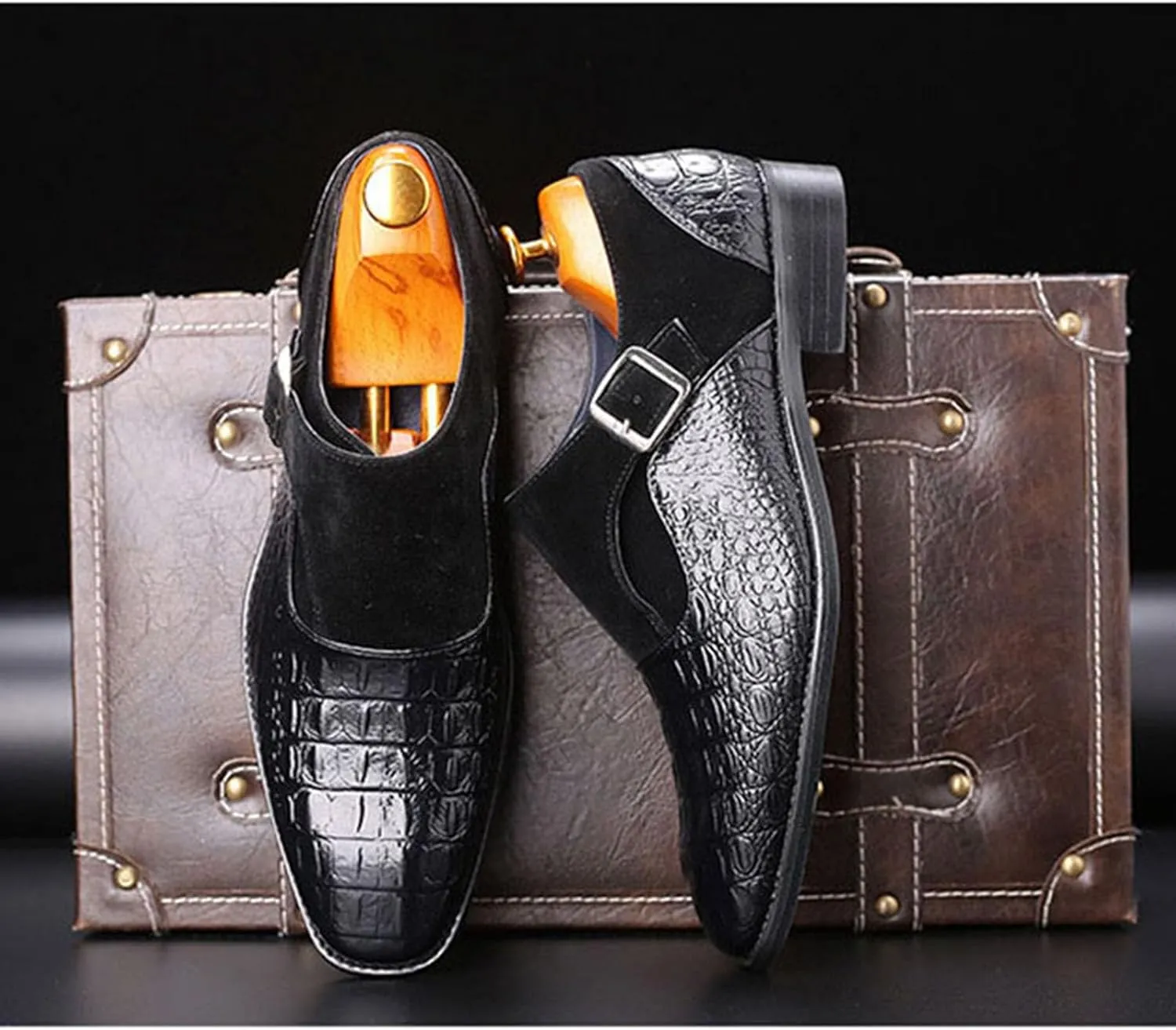 Men's Dress Crocodile Print Loafers Elastic Slip on with Buckle Fashion Shoes Wedding Shoes