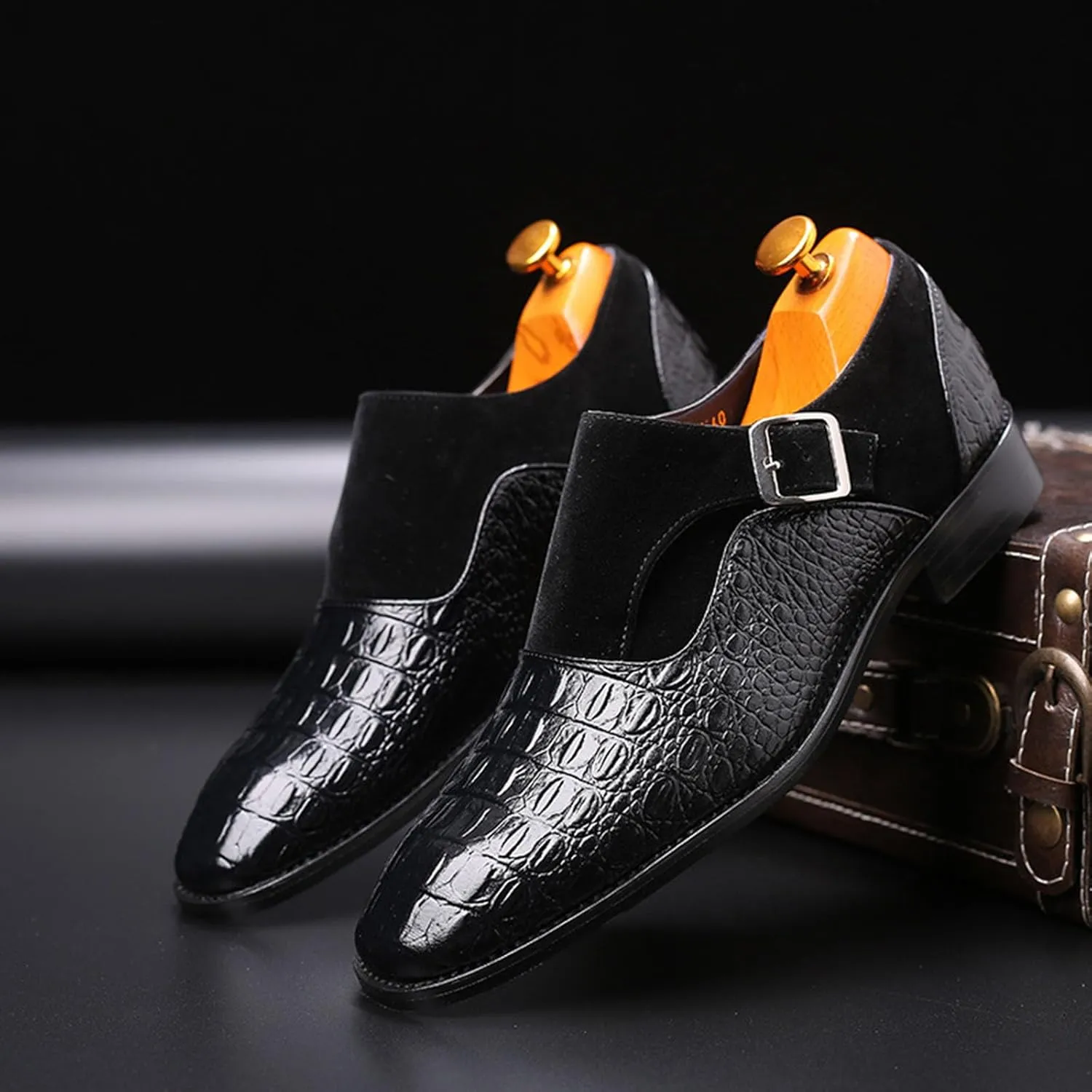 Men's Dress Crocodile Print Loafers Elastic Slip on with Buckle Fashion Shoes Wedding Shoes