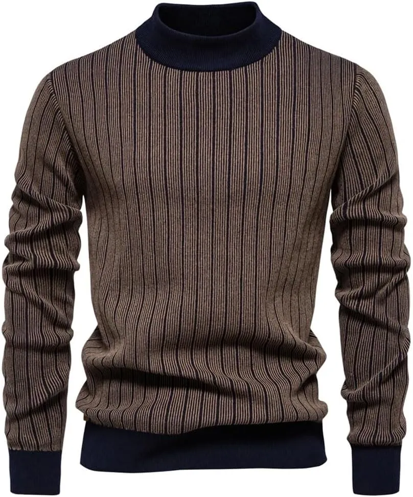 Men's Mock Neck Cotton Sweater - Warm Striped Pullover for Autumn Winter, Soft Casual Knit Top
