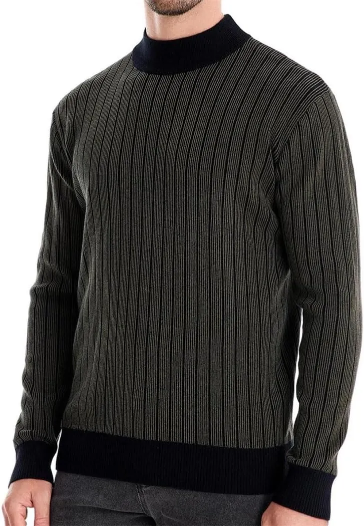 Men's Mock Neck Cotton Sweater - Warm Striped Pullover for Autumn Winter, Soft Casual Knit Top