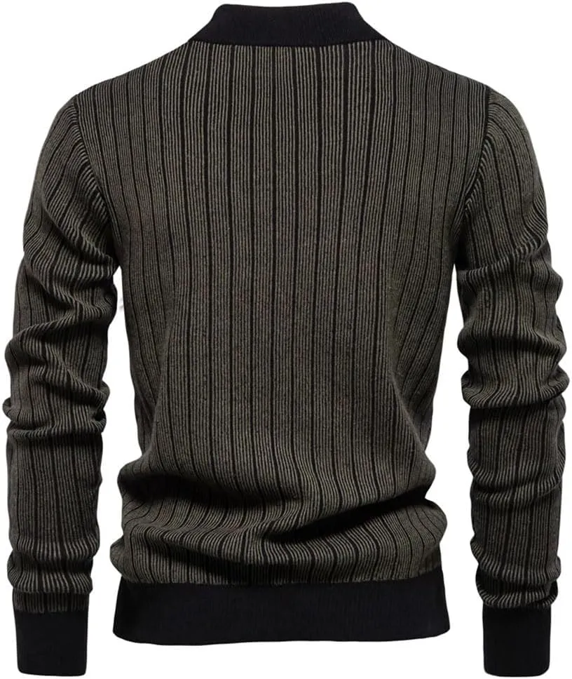 Men's Mock Neck Cotton Sweater - Warm Striped Pullover for Autumn Winter, Soft Casual Knit Top
