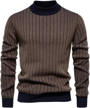 Men's Mock Neck Cotton Sweater - Warm Striped Pullover for Autumn Winter, Soft Casual Knit Top