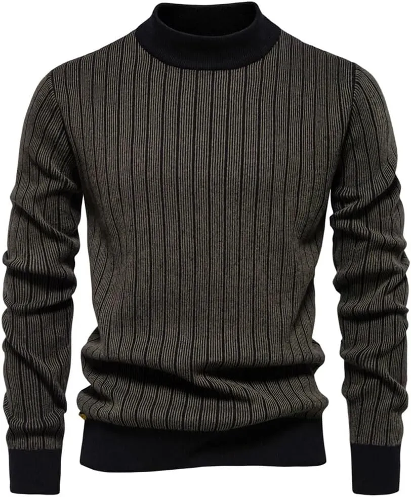 Men's Mock Neck Cotton Sweater - Warm Striped Pullover for Autumn Winter, Soft Casual Knit Top