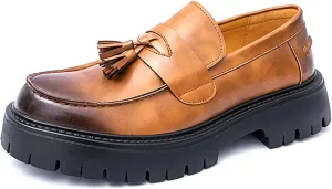 Men's Patent Leather Platform Loafers Slip-On Dress Shoes with Tassel, Non-Slip Lug Sole Round Toe Penny Formal Shoes for Business Work & Daily