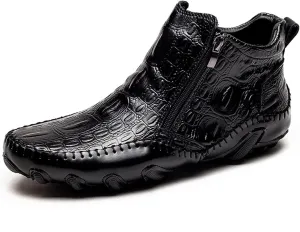 Mens Winter Chelsea Boots Side Zipper Ankle Dress Formal Boots Fashion Crocodile Pattern Outdoor Non-Slip High-Top Fur Lined Ankle Boots For Men