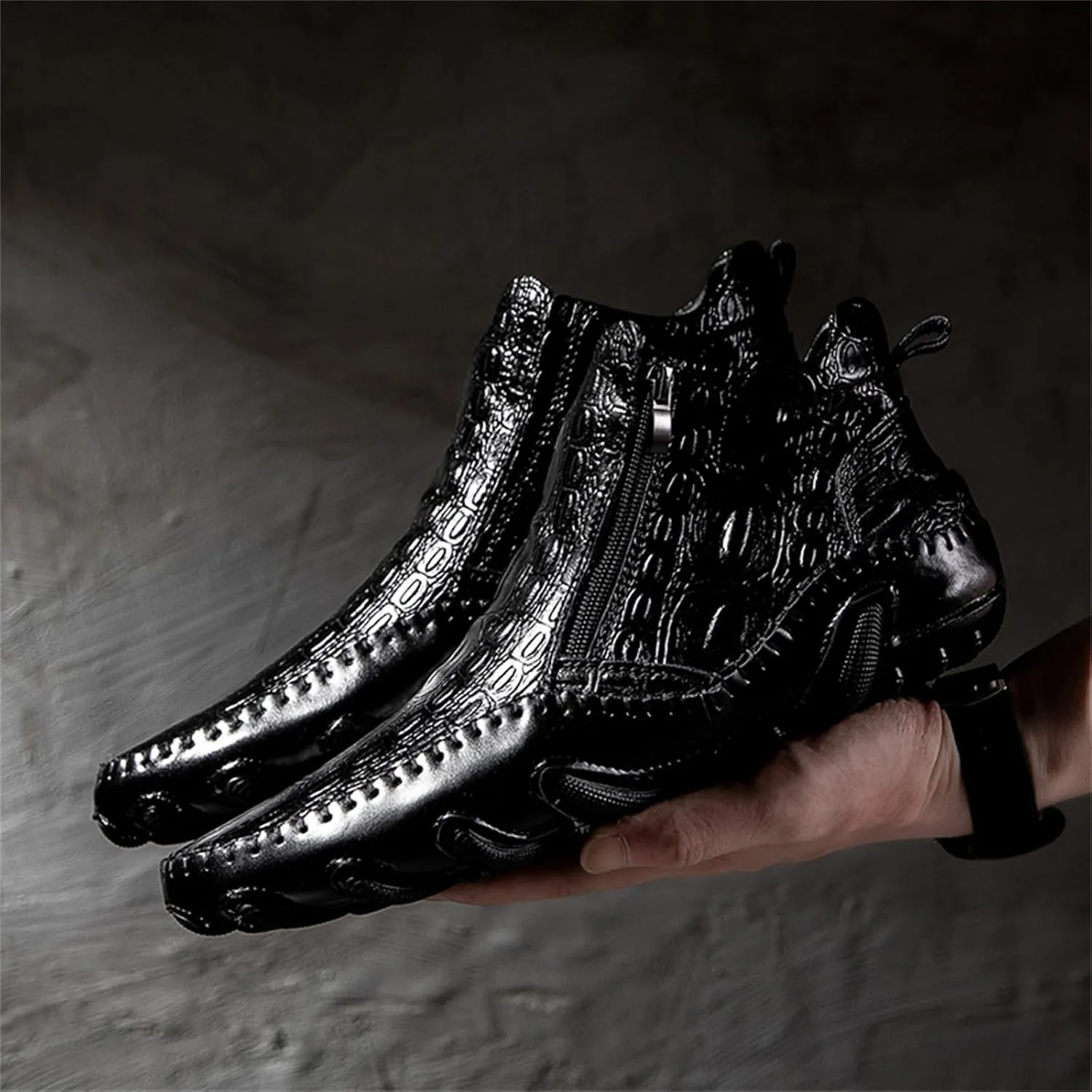Mens Winter Chelsea Boots Side Zipper Ankle Dress Formal Boots Fashion Crocodile Pattern Outdoor Non-Slip High-Top Fur Lined Ankle Boots For Men