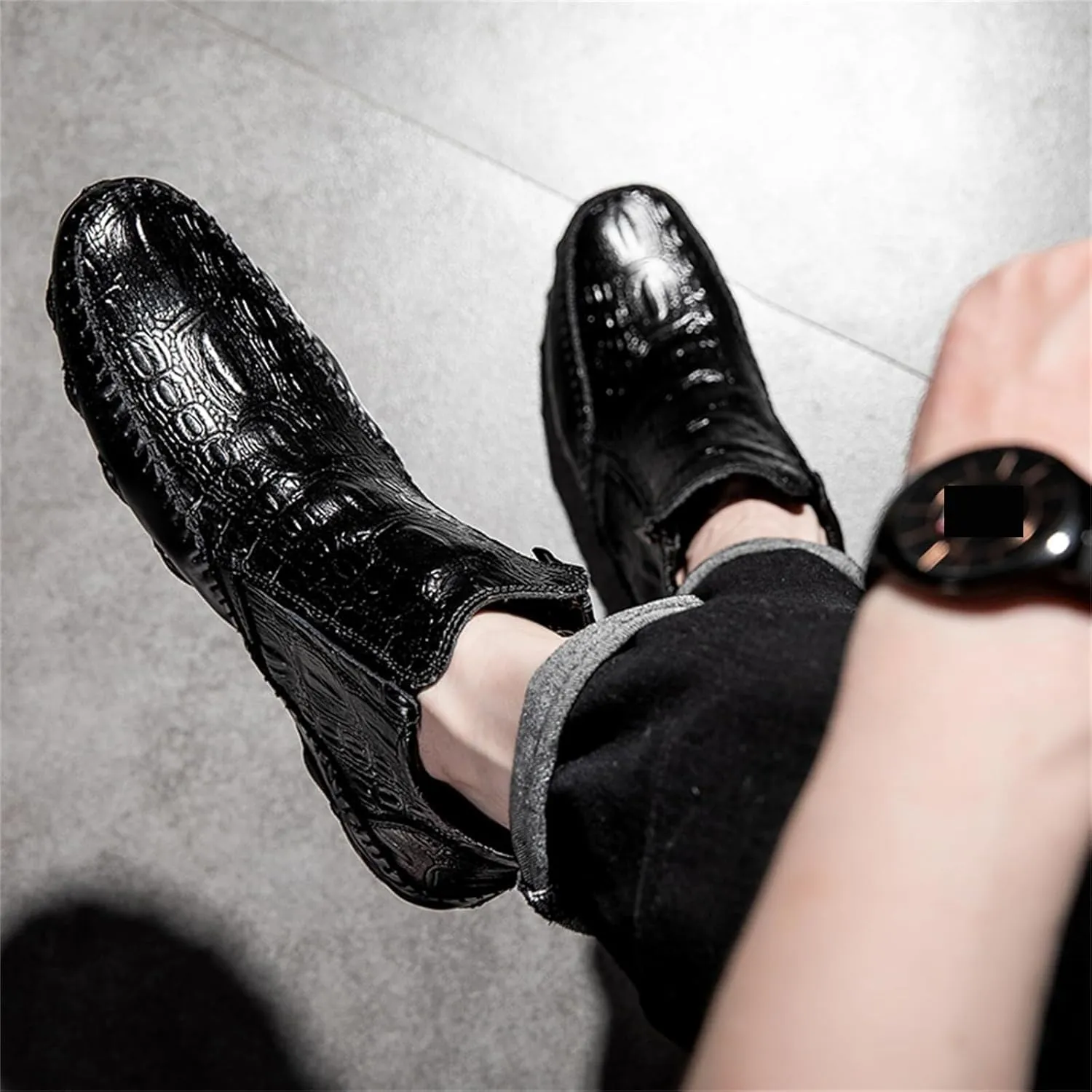 Mens Winter Chelsea Boots Side Zipper Ankle Dress Formal Boots Fashion Crocodile Pattern Outdoor Non-Slip High-Top Fur Lined Ankle Boots For Men