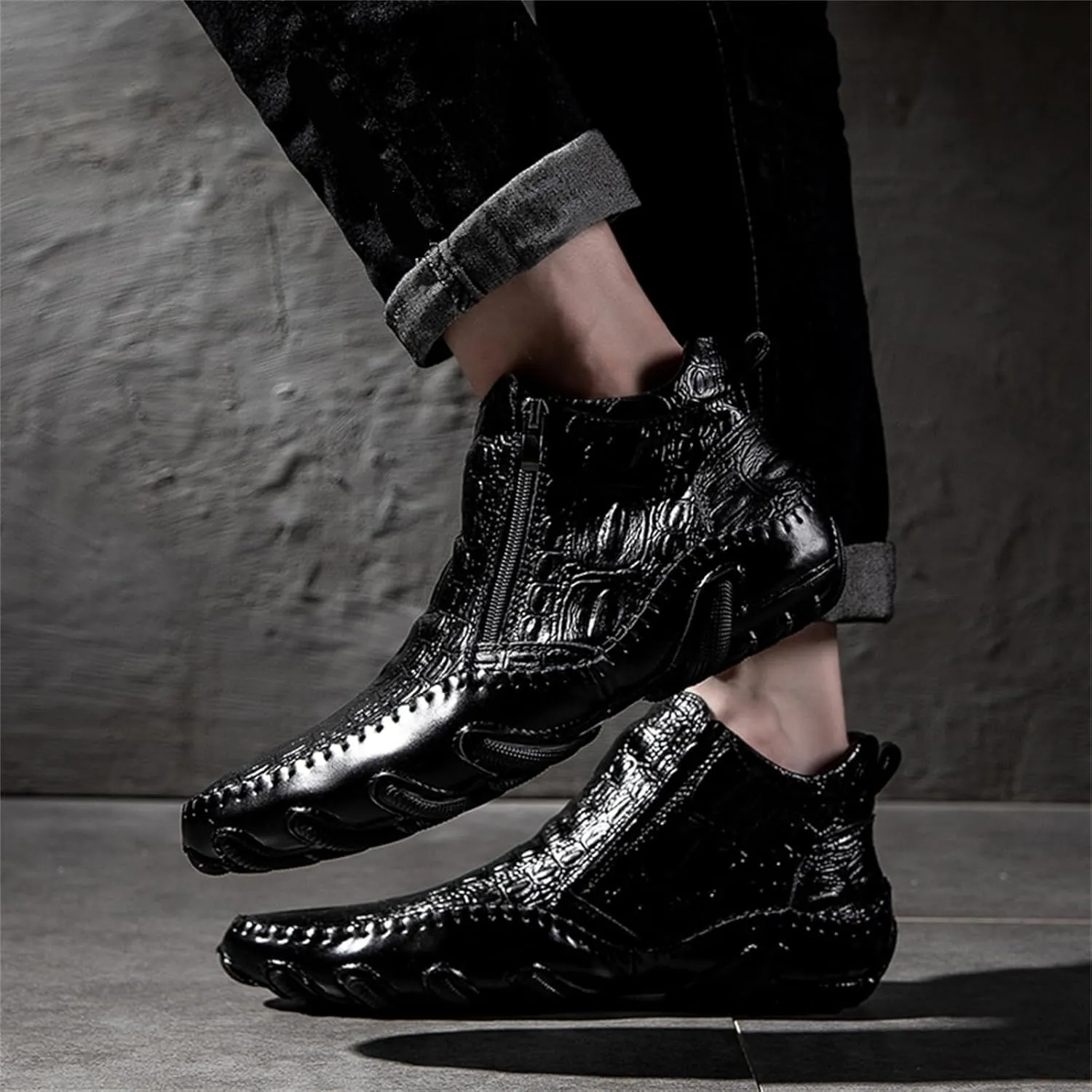 Mens Winter Chelsea Boots Side Zipper Ankle Dress Formal Boots Fashion Crocodile Pattern Outdoor Non-Slip High-Top Fur Lined Ankle Boots For Men