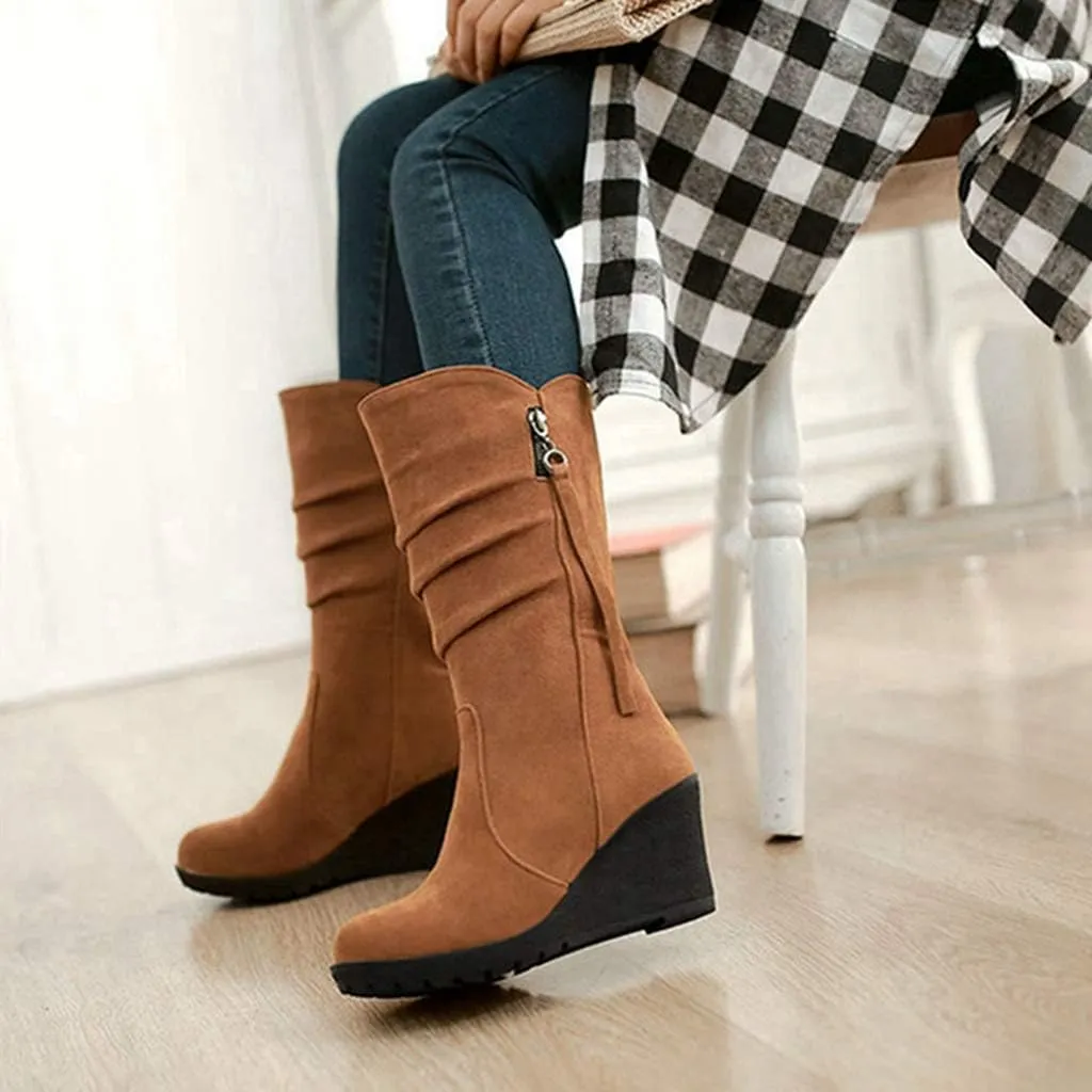 MIOKE Women's Wedge Slouch Mid Calf Boots Suede Round Toe Wide Width Platform High Heel Tassel Dress Boots