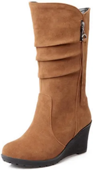 MIOKE Women's Wedge Slouch Mid Calf Boots Suede Round Toe Wide Width Platform High Heel Tassel Dress Boots