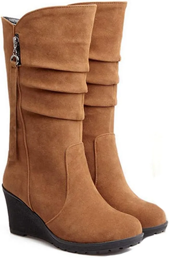 MIOKE Women's Wedge Slouch Mid Calf Boots Suede Round Toe Wide Width Platform High Heel Tassel Dress Boots