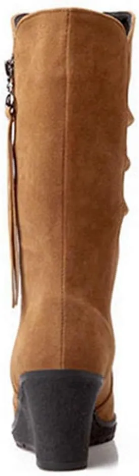MIOKE Women's Wedge Slouch Mid Calf Boots Suede Round Toe Wide Width Platform High Heel Tassel Dress Boots