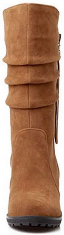 MIOKE Women's Wedge Slouch Mid Calf Boots Suede Round Toe Wide Width Platform High Heel Tassel Dress Boots