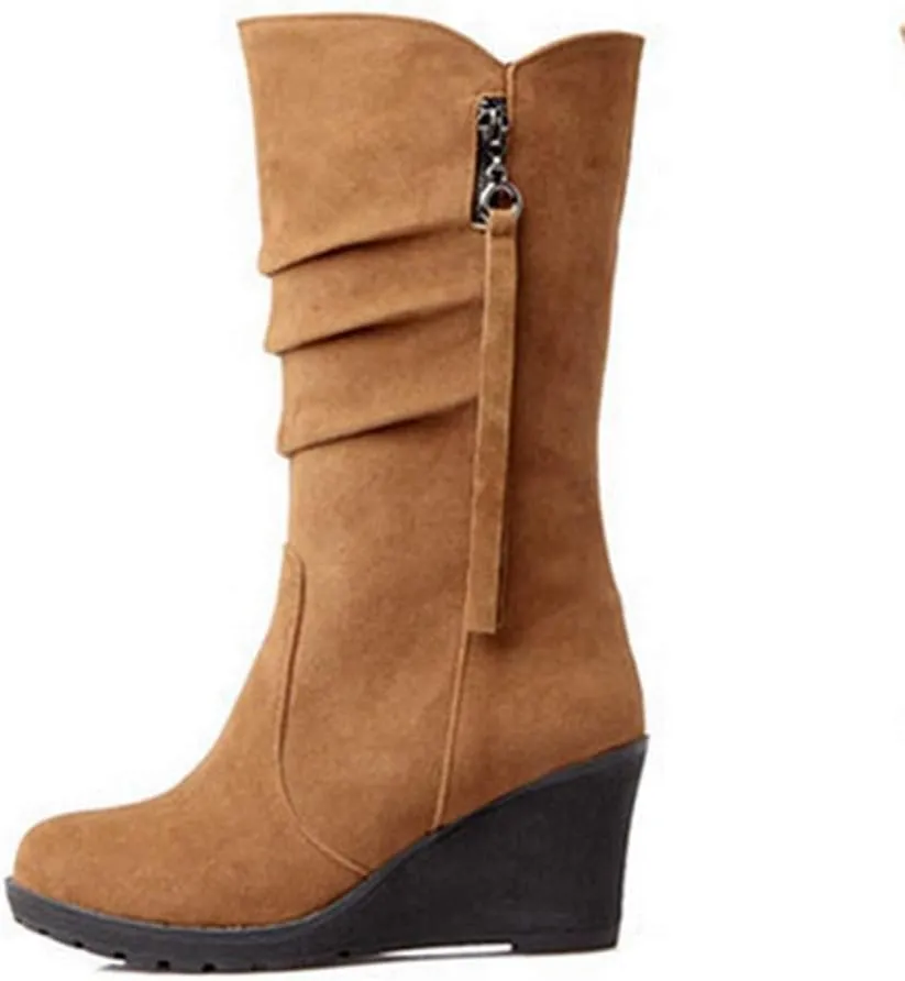 MIOKE Women's Wedge Slouch Mid Calf Boots Suede Round Toe Wide Width Platform High Heel Tassel Dress Boots