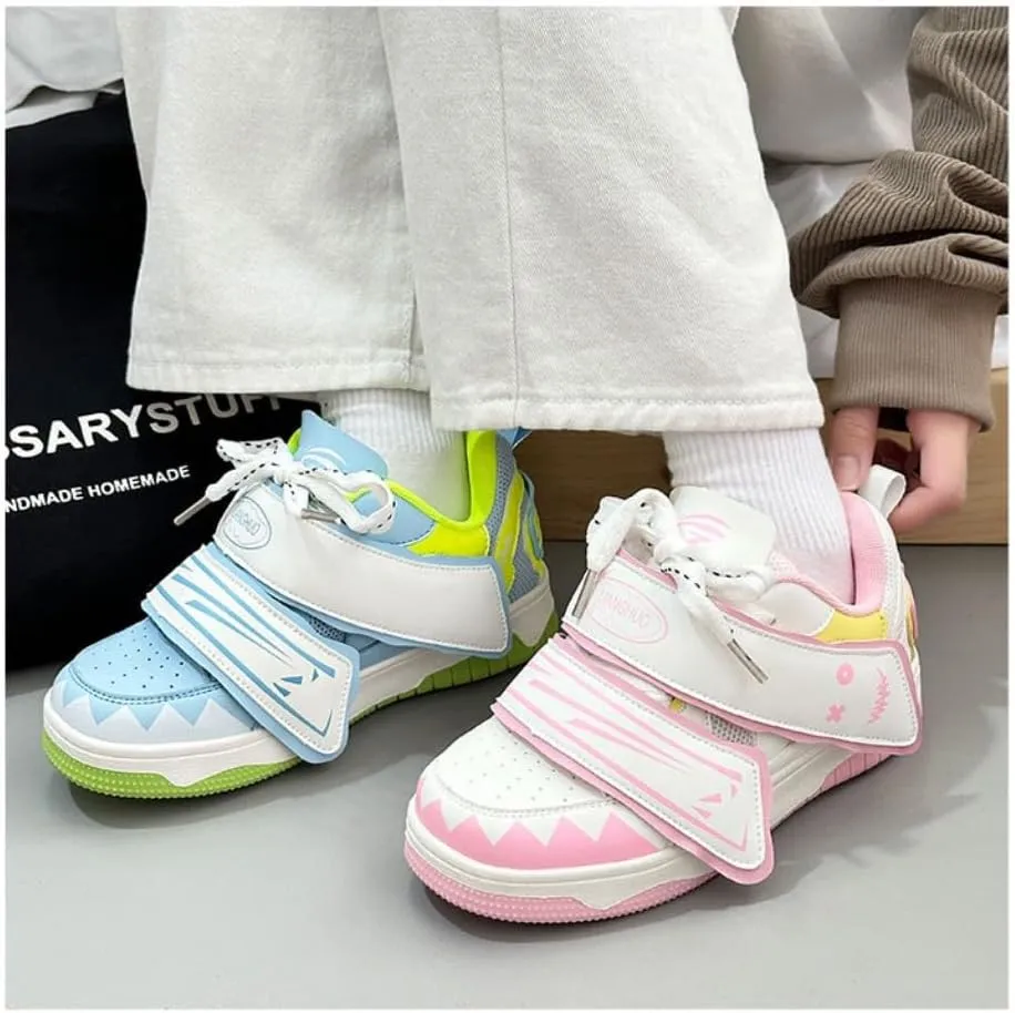 Mismatched Kawaii Demon Smile Campus Sneakers in Ice-Cream Blue & White - Japanese Manga Style | Breathable Height-Enhancing Design, Korean Ins Trend for Women, Ideal for Outfits