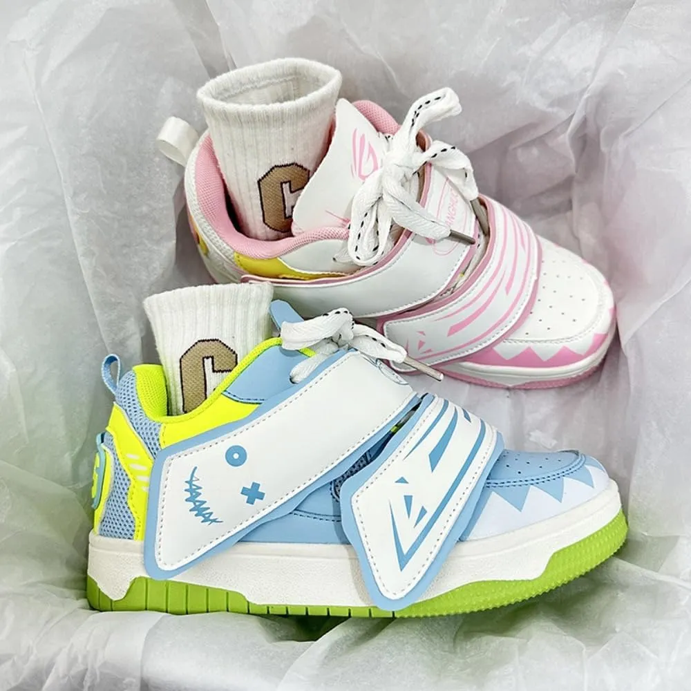 Mismatched Kawaii Demon Smile Campus Sneakers in Ice-Cream Blue & White - Japanese Manga Style | Breathable Height-Enhancing Design, Korean Ins Trend for Women, Ideal for Outfits