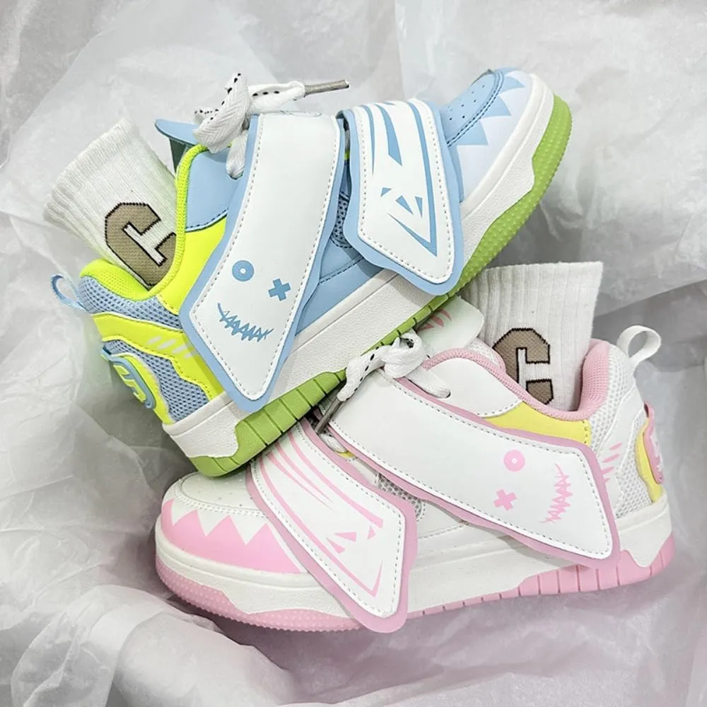 Mismatched Kawaii Demon Smile Campus Sneakers in Ice-Cream Blue & White - Japanese Manga Style | Breathable Height-Enhancing Design, Korean Ins Trend for Women, Ideal for Outfits
