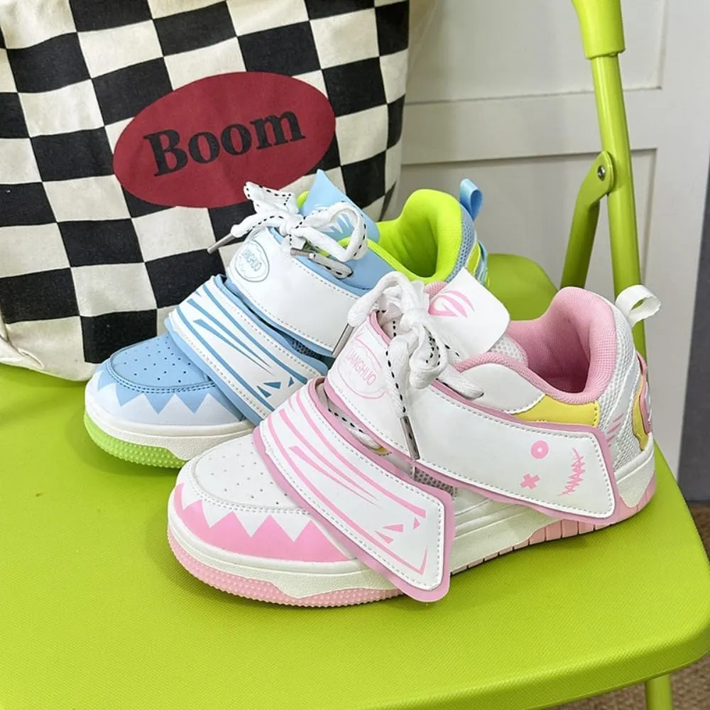 Mismatched Kawaii Demon Smile Campus Sneakers in Ice-Cream Blue & White - Japanese Manga Style | Breathable Height-Enhancing Design, Korean Ins Trend for Women, Ideal for Outfits