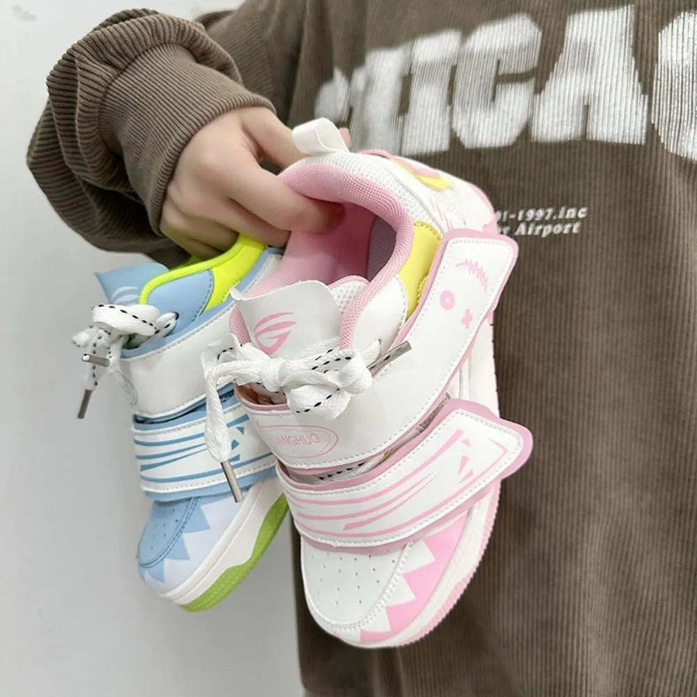 Mismatched Kawaii Demon Smile Campus Sneakers in Ice-Cream Blue & White - Japanese Manga Style | Breathable Height-Enhancing Design, Korean Ins Trend for Women, Ideal for Outfits