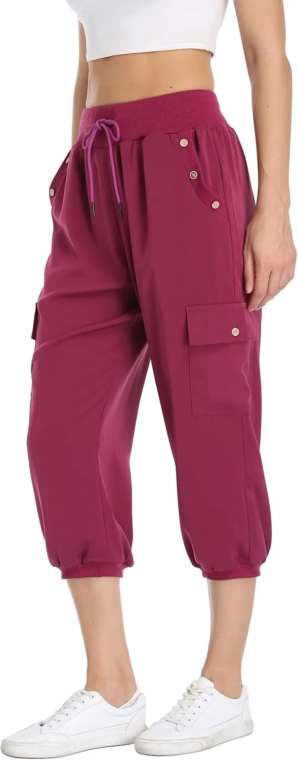MISS MOLY Women's Cargo Capris Travel Pants Button Decor Summer Loose Harem Sweatpants Stylish Soft with Pockets