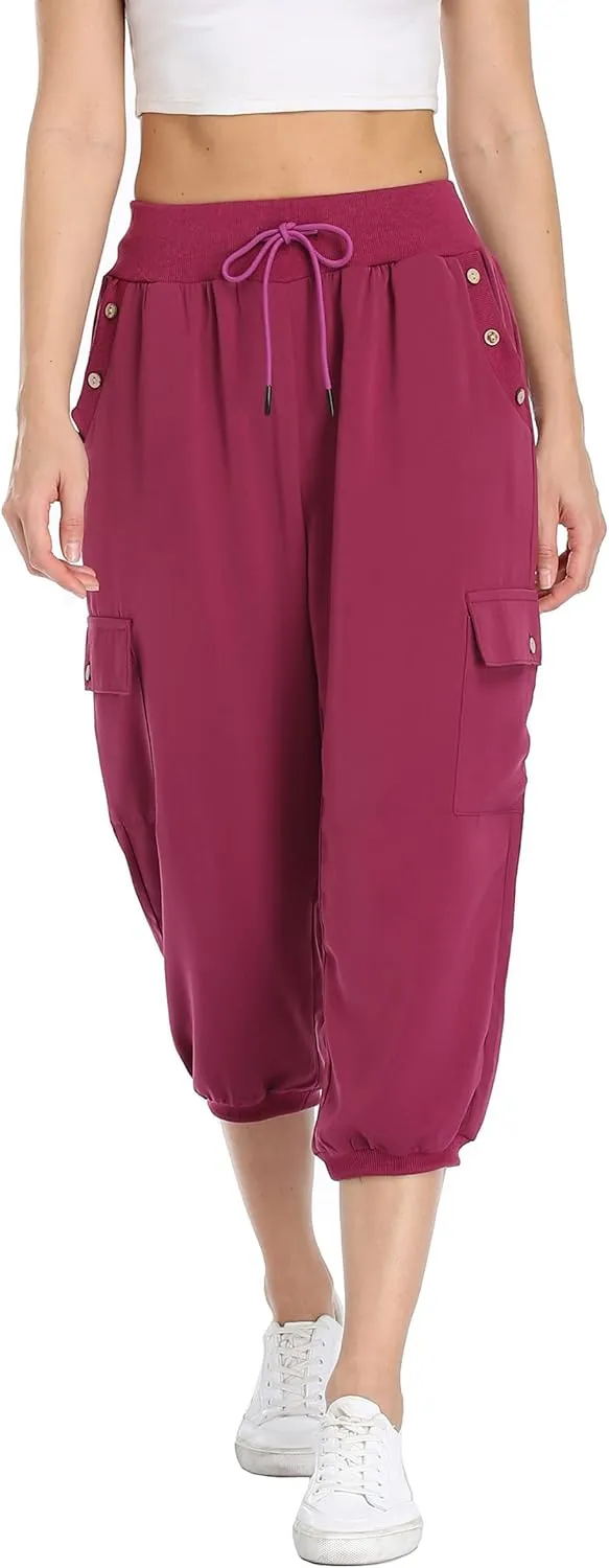 MISS MOLY Women's Cargo Capris Travel Pants Button Decor Summer Loose Harem Sweatpants Stylish Soft with Pockets