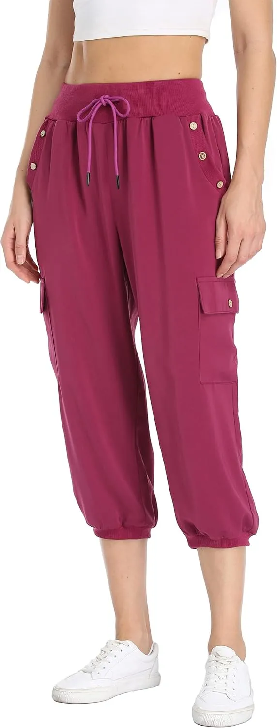 MISS MOLY Women's Cargo Capris Travel Pants Button Decor Summer Loose Harem Sweatpants Stylish Soft with Pockets