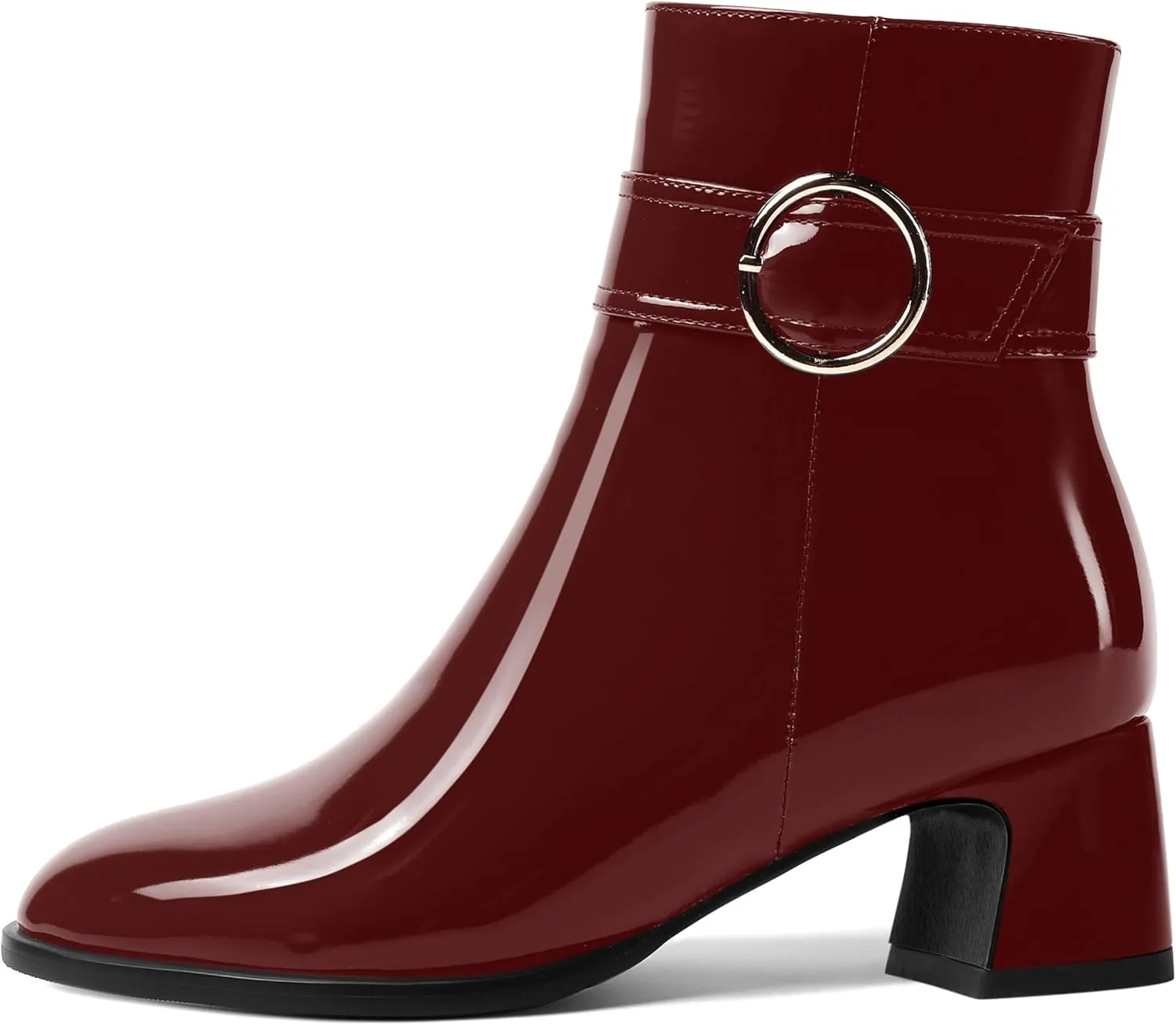 MOVINSTEPS Womens Zip Round Toe Cold Weather Patent Outdoor Ankle Strap Solid Chunky Low Heel Ankle High Boots 2 Inch