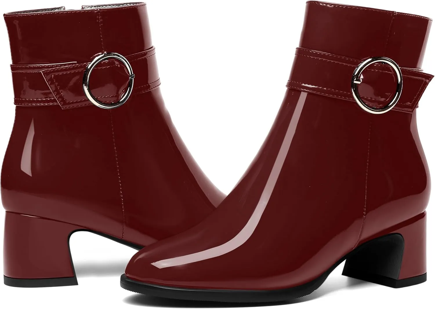 MOVINSTEPS Womens Zip Round Toe Cold Weather Patent Outdoor Ankle Strap Solid Chunky Low Heel Ankle High Boots 2 Inch