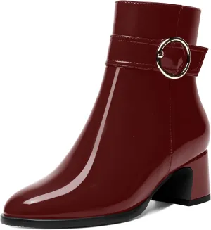 MOVINSTEPS Womens Zip Round Toe Cold Weather Patent Outdoor Ankle Strap Solid Chunky Low Heel Ankle High Boots 2 Inch