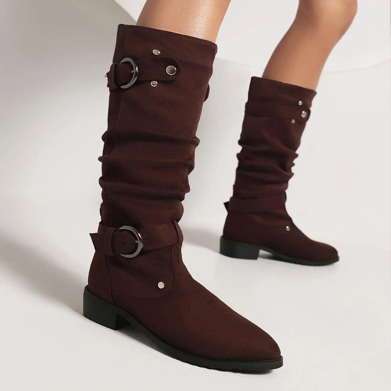 MRKEWUNEY Casual Womens Shelley Knee High Slouch Boots Pull On Internal Increase Pleated Mid Calf Boots