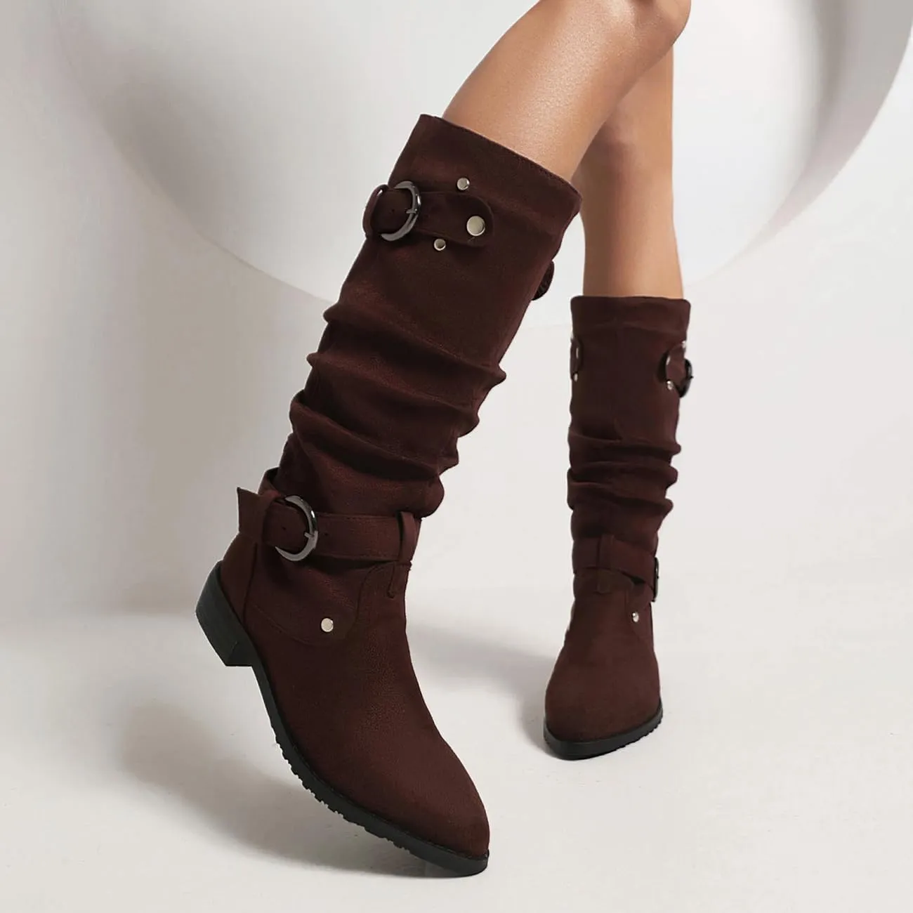 MRKEWUNEY Casual Womens Shelley Knee High Slouch Boots Pull On Internal Increase Pleated Mid Calf Boots