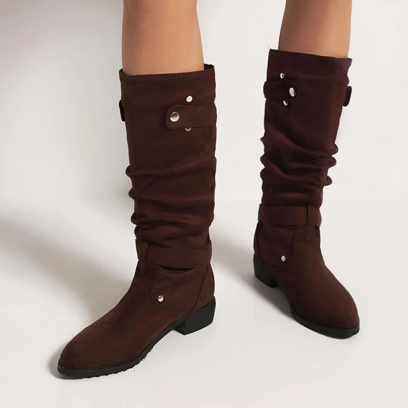 MRKEWUNEY Casual Womens Shelley Knee High Slouch Boots Pull On Internal Increase Pleated Mid Calf Boots